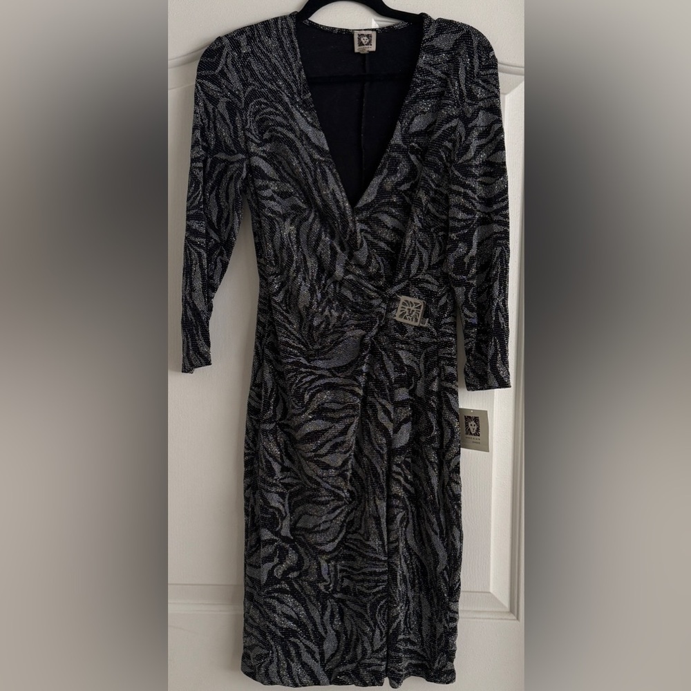 Anne Klein Black & Silver Metallic Patterned Long-Sleeve Dress